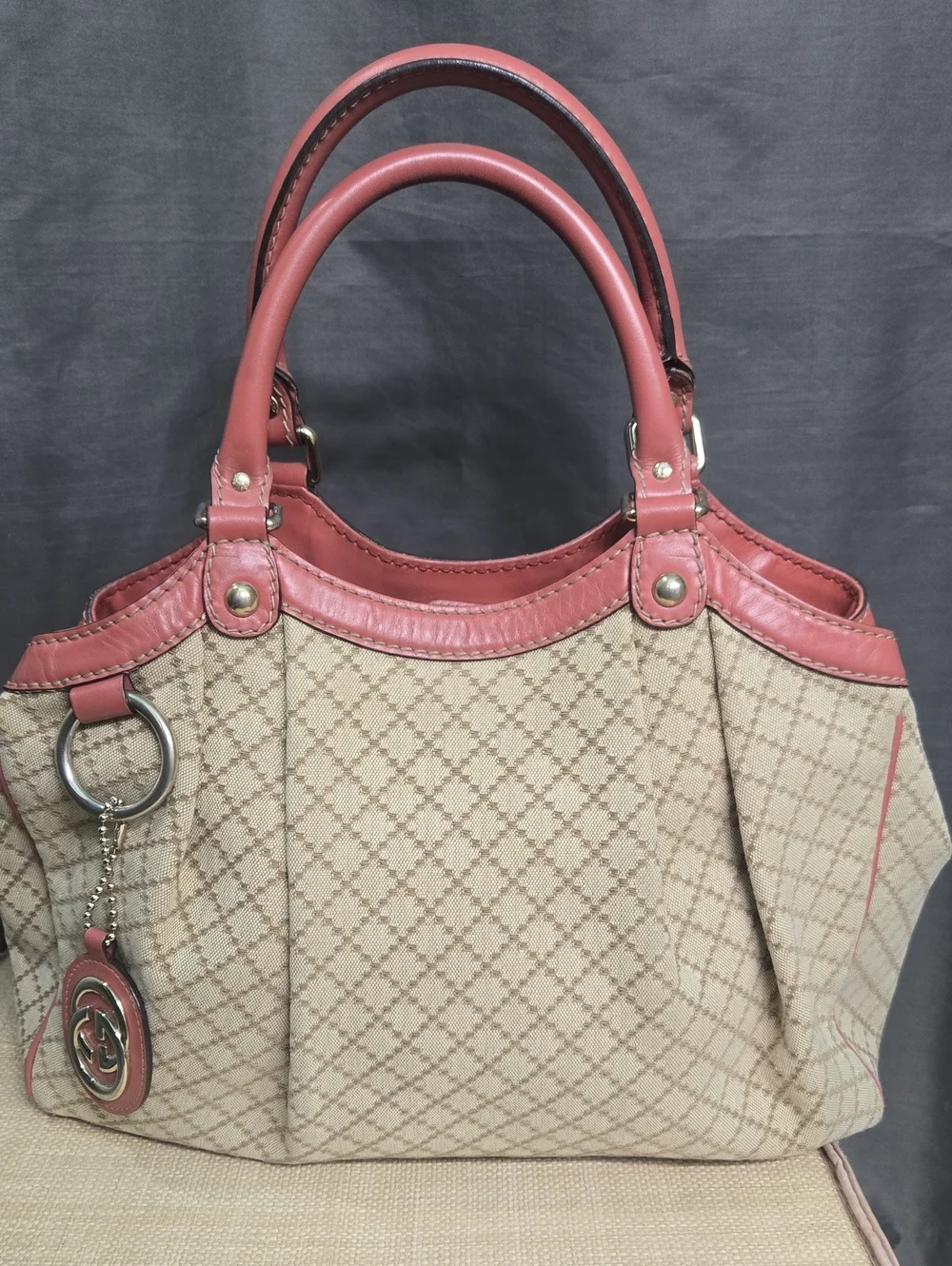 Gucci Sukey Beige Canvas Shoulder Bag with Rose Leather Trim EUC